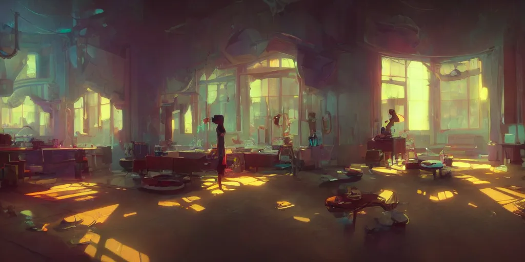 Prompt: beautiful interior of a film studio, lots of props, james gilleard, delphin enjolras, goro fujita, makoto shinkai, paul lehr, volumetric lighting, octane render, very consistent, trending on artstation