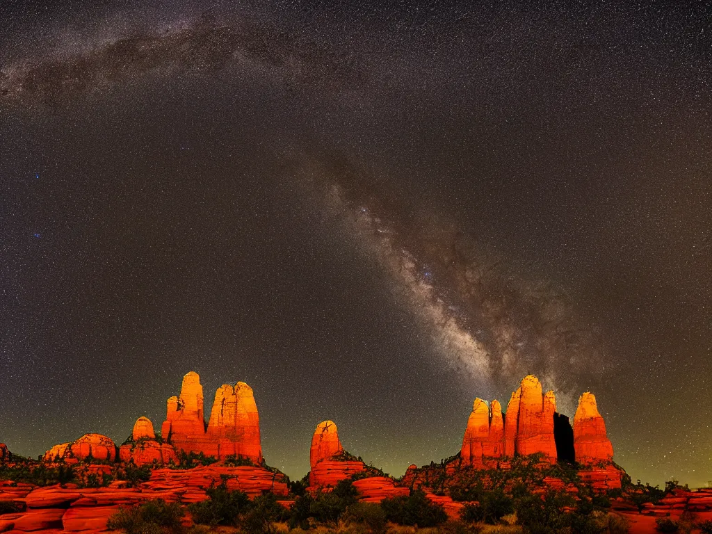 Prompt: long distance shot, sedona's cathedral rock bluff, night, milky way, intricate lines, elegant, extreme detail, sharp focus, photo realistic, ultra realistic, photographic