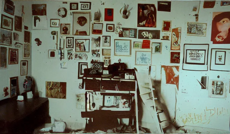 Prompt: A bedroom designed by William Burroughs, 35mm film, long shot