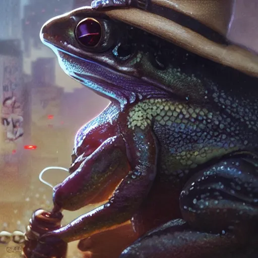 Image similar to a chain smoking frog cop, beating criminals to a pulp on the dirty streets of tokyo, highly detailed, digital painting, artstation, concept art, smooth, sharp focus, 8k, photorealistic, 25mm f/1.7 ASPH Lens, ultra realistic steampunk illustration, art by greg rutkowski and alphonse mucha