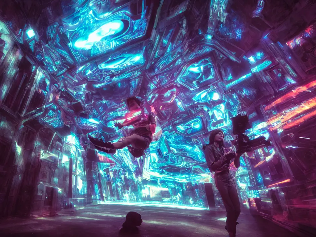 Image similar to cinematic shot epic fractal halls of creativity, walls of large moving images, hyper realistic, mood lighting, fantasy, detailed people creating beautiful diverse large holographic art, highly detailed, super realistic, point of view of visor wearer, air hands painting art in the air!, perfect lighting pixel sorting