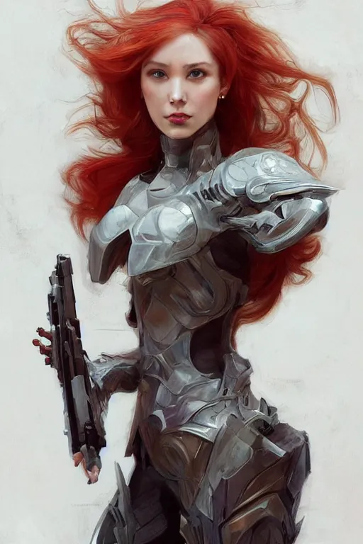 Prompt: > professional dynamtic portrait of female an cryogenic agile assassin 21th in a dynamic pose , armor elements , long red hair, beautiful bone structure, symmetrical facial features, intricate, elegant, digital painting, concept art, smooth, sharp focus, illustration, by Ruan Jia and Mandy Jurgens , and mucha, and Artgerm and William-Adolphe Bouguerea