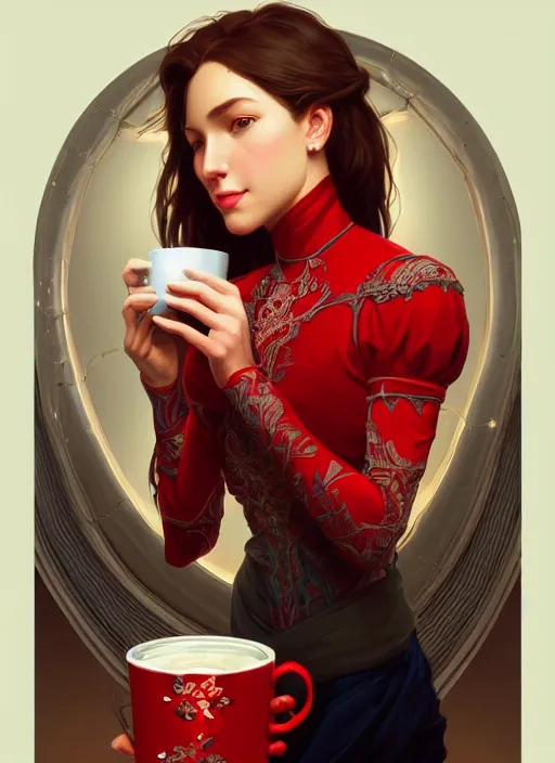 Image similar to perfectly - centered - portrait of a beautiful lady drinking red cup coffee, intricate, highly detailed, digital painting, artstation, concept art, smooth, sharp focus, illustration, unreal engine 5, 8 k, art by artgerm and greg rutkowski and alphonse mucha