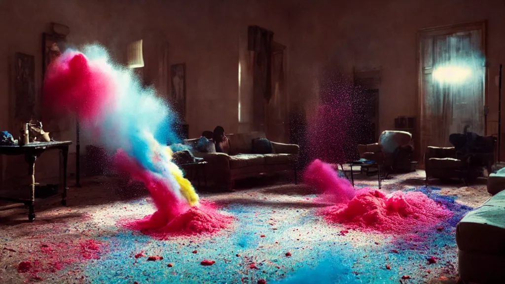 Image similar to colored powder explosion in the living room, film still from the movie directed by Denis Villeneuve with art direction by Salvador Dalí, wide lens