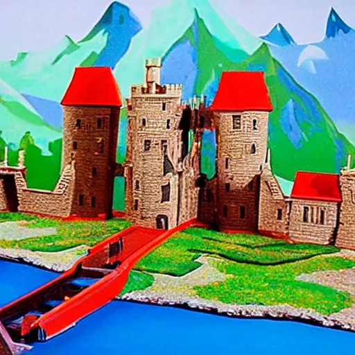 Prompt: screencap from a 1980s toy commercial for The Witcher's Kaer Morhen castle playset