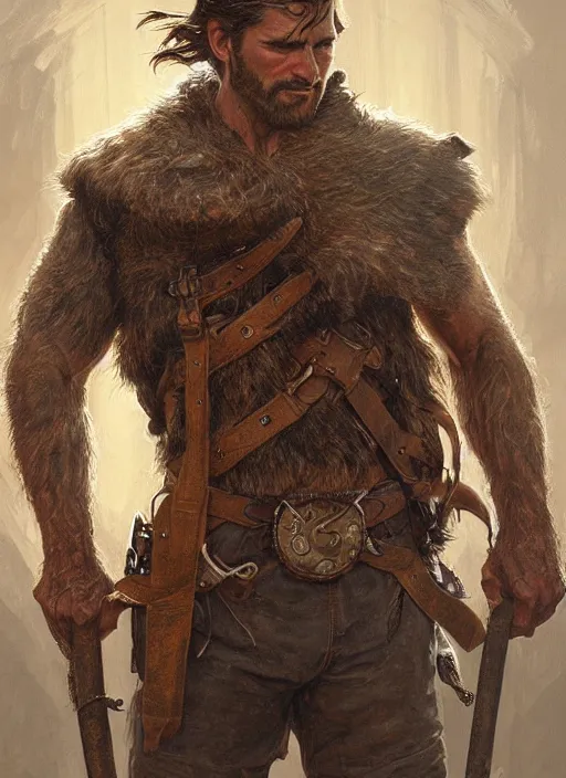 Image similar to portrait of a ruggedly handsome ranger, hands details, muscular, full body, leather, hairy, d & d, fantasy, intricate, elegant, highly detailed, digital painting, artstation, concept art, smooth, sharp focus, illustration, art by artgerm and greg rutkowski and alphonse mucha