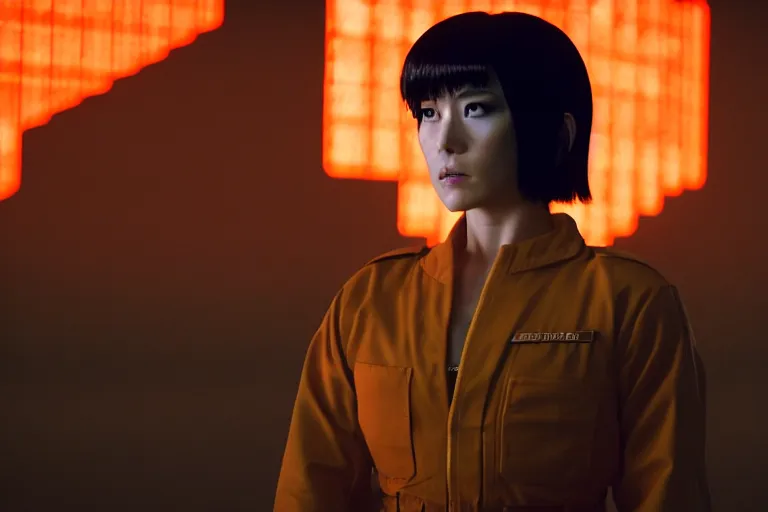 Image similar to major motoko wearing an orange prison jumpsuit facing camera, photography by fred palacio medium full shot still from bladerunner 2 0 4 9, sci fi, bladerunner, canon eos r 3, f / 3, iso 2 0 0, 1 / 1 6 0 s, 8 k, raw, unedited