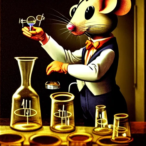 Image similar to a gentleman anthropomorphic mouse performing a chemistry experiment with beakers in a dark, cluttered lab space, realistic, chiaroscuro, renaissance art, realistic, intricate textures
