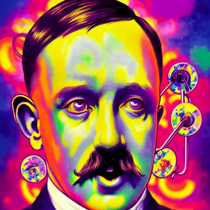 Image similar to bright psychedelic portrait of cute adolf hitler having fun at a pool party, diffuse lighting, fantasy, intricate, elegant, highly detailed, lifelike, photorealistic, digital painting, artstation, illustration, concept art, smooth, sharp focus, art by John Collier and Albert Aublet and Krenz Cushart and Artem Demura and Alphonse Mucha