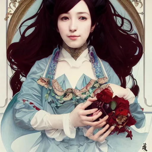 Prompt: a beautiful portrait of hatsune miku with long black and deep red colored hair dressed as a 1 9 th century european noblewoman, intricate, elegant, highly detailed, digital painting, artstation, concept art, matte, sharp focus, illustration, art by greg rutkowski and alphonse mucha