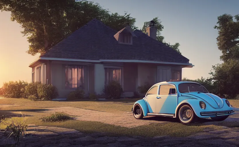 Image similar to a vw beetle parked near a modern small house with a pool at sunrise, concept art, octane render, unreal engine 5, trending on artstation, high quality, highly detailed, 8 k, soft lighting, path traced, godrays, lens flare, hyperrealistic, symmetrical, low contrast, digital art, beautiful, elegant