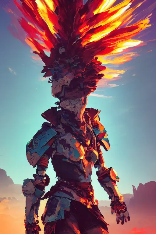 Image similar to combination suit armor aloy horizon forbidden west horizon zero dawn radiating a glowing aura global illumination ray tracing hdr fanart arstation by ian pesty and alena aenami artworks in 4 k tribal robot ninja mask helmet backpack