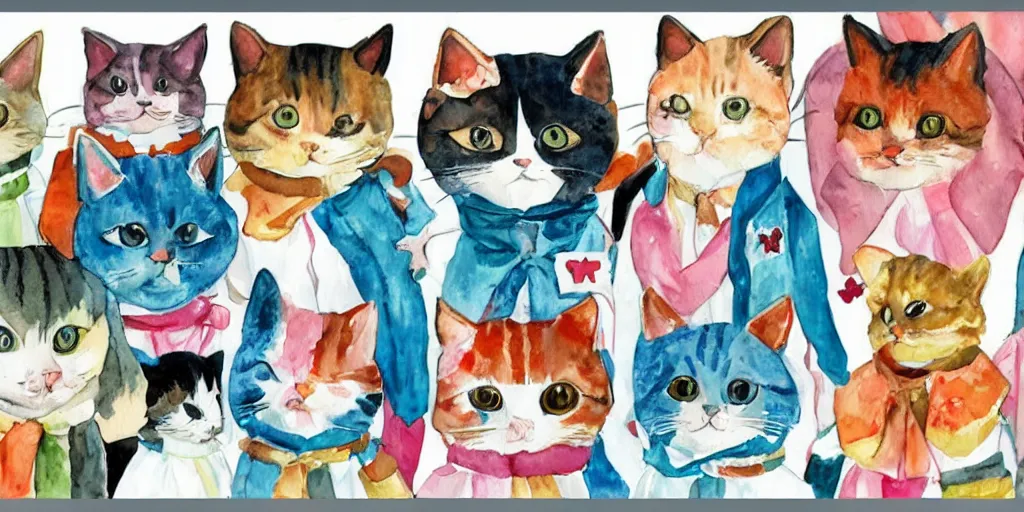 Image similar to watercolor illustration style, cute! cats!!! choose different costumes, business, inspiring art