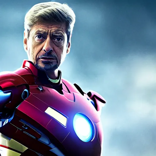 Prompt: arsene wenger as iron man, unmasked, movie still, cinematic, photorealistic, extreme detail, sharp focus, 8 k, rain, close up, anamorphic lens, lighting, dark