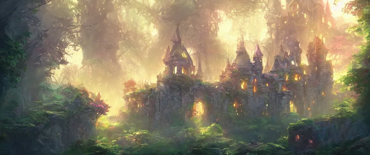 Prompt: magical castle in the forest behind a garden, concept art, digital painting, style of jordan grimmer, warm lighting, futuristic, volumetric lighting, view from below, vivid colours, bright, daytime, godrays, high detail