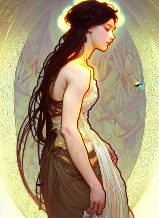 Image similar to digital character concept art by artgerm and greg rutkowski and alphonse mucha. clear portrait of a young wife blessed by god to uncontrollably become overwhelmingly perfect!! blonde, clothed! obviously feminine holy body!! light effect. hyper detailed, glowing lights!! intricate, elegant, digital painting, artstation, smooth, sharp focus