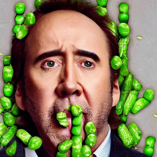 Image similar to nicolas cage trapped in a wicker cage with peas on his face, looking up, not the bees