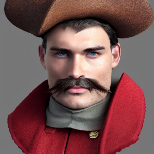 Prompt: Clean Shaven Caucasian European Man with blue eyes and brown curly mustache wearing a red musketeer hat with a single feather on it. D&D Character Head and Shoulders Portrait. He is wearing a RED musketeer hat with a single feather on it. EPIC RPG Digital Artwork. 4K. Detailed Drawing. Trending on Artstation.