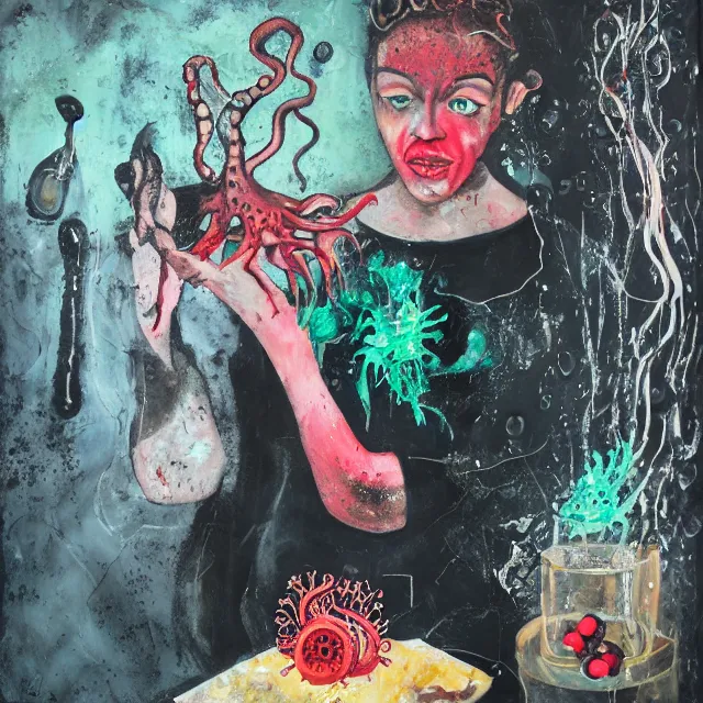 Prompt: a dark apartment with black walls, portrait of female art student holding an octopus, berries dripping juice, pomegranate, jellyfish, seaweed, berries, trash, starfish, coral, rocks, seaweed, empty pet bottles, scientific glassware, neo - expressionism, surrealism, acrylic and spray paint and oilstick on canvas
