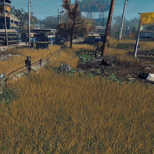 Image similar to sendai rice fields in ruins post - nuclear war in fallout 4, in game screenshot