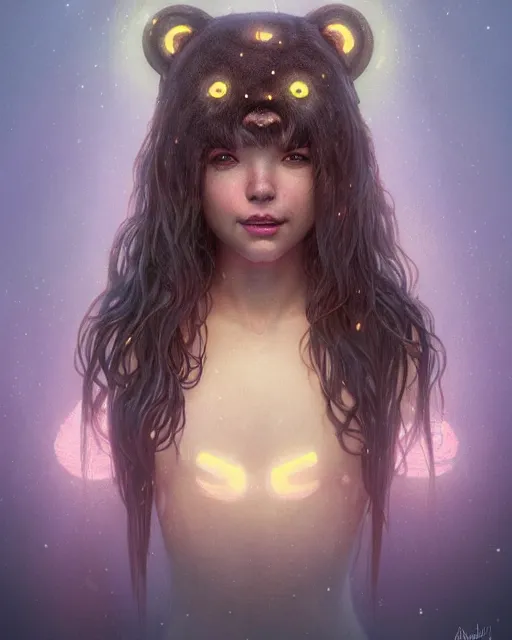 Image similar to portrait of a cute female bear, bioluminescent, veins, horror, happy, highly detailed, digital painting, cinematic, hyperrealism, dark retrowave, art by stanley lau and artgerm and magali villeneuve and alphonse mucha, artstation, octane render, cgsociety