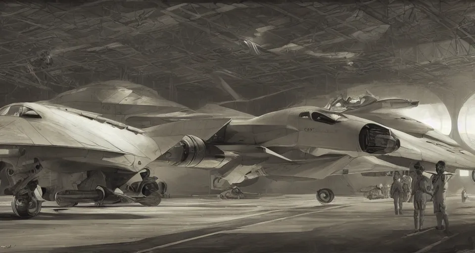 Image similar to inside the hangar of a starship, pilots run towards a fighter craft, photo sepia tone, realistic, detailed, hyperrealistic, dark sci - fi, by rutkowski, 8 k, artstation