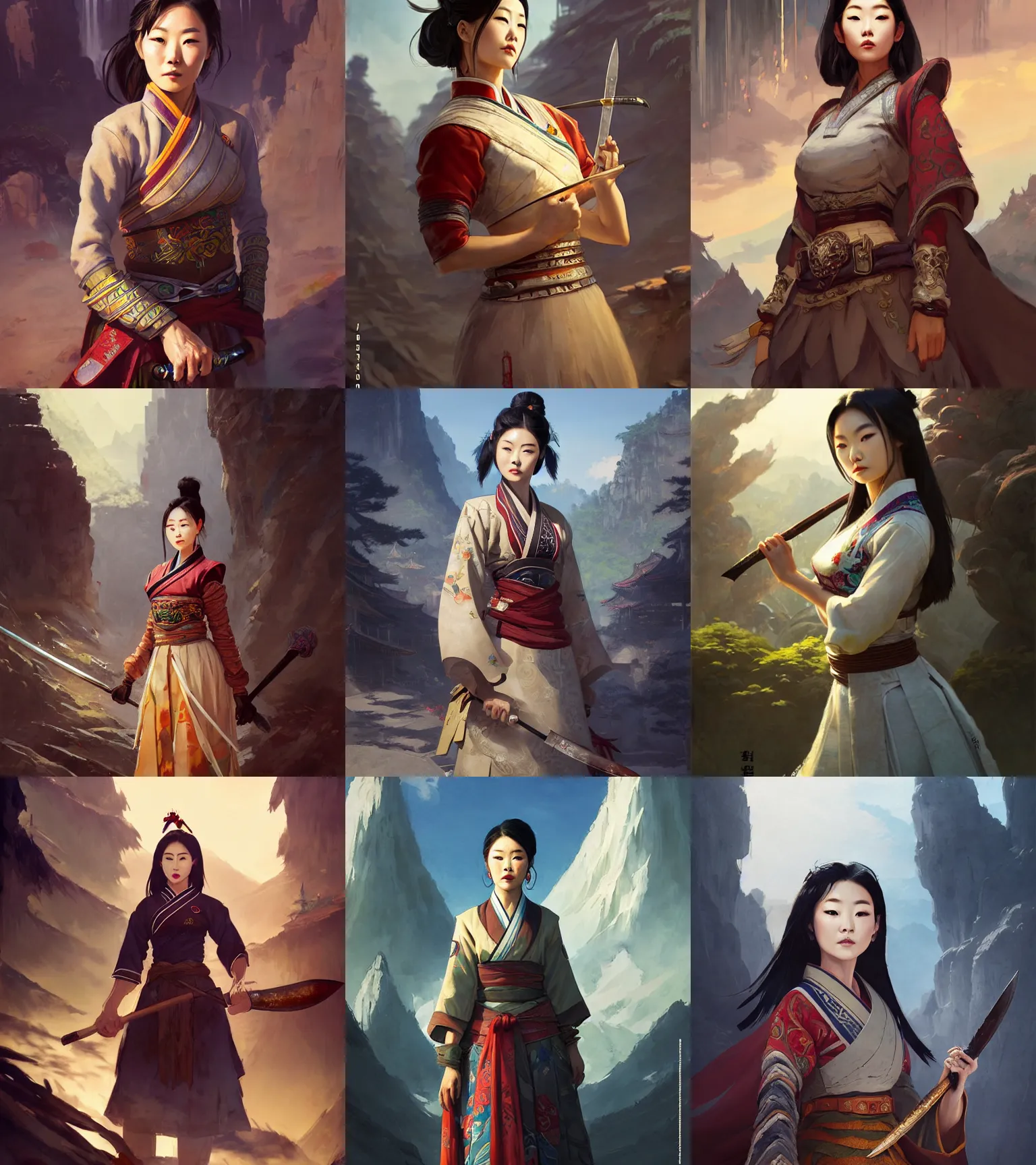 Prompt: a portrait of arden cho chef character in a scenic korean city environment by marco bucci and greg rutkowski and frank frazetta, sharp focus, detailed, cinematic, hanbok, ornate korean polearm behind her