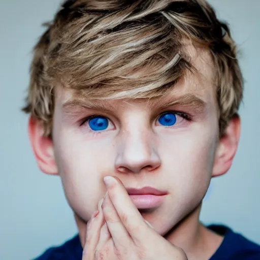 Image similar to portrait of a boy with his hand on his face, extremely realistic and real, photorealistic, blonde hair and blue eyes, detailed facial structure, real eyes that are detailed, real hands