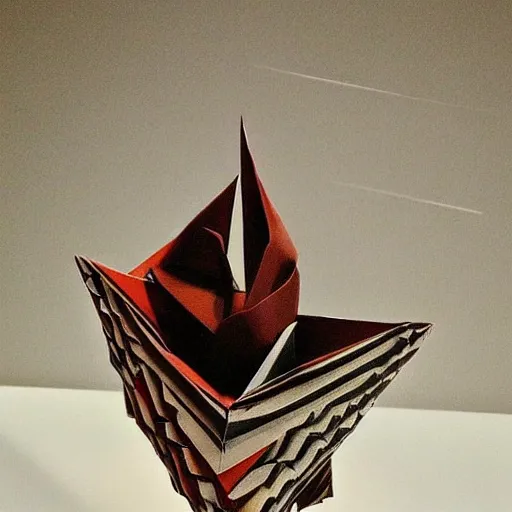 Prompt: A sculpture. A rip in spacetime. Did this device in his hand open a portal to another dimension or reality?! origami by Antoni Gaudí, by Frida Kahlo dynamic