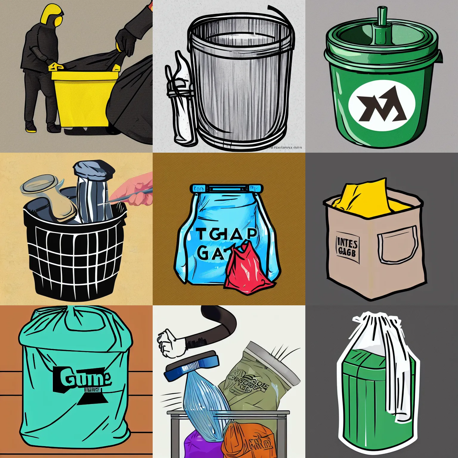 Prompt: garbage bag into container, guide, how-to, digital illustration