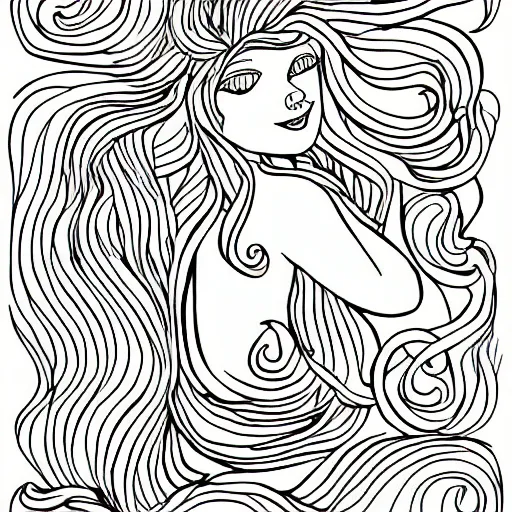 Prompt: Clean line drawing of a mermaid, coloring-in sheet style for children\'s coloring, no fill, just line.