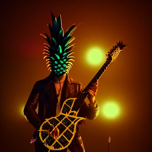 Image similar to a steampunk pineapple, playing electric guitar at a night club, focus on the pineapple, cinematic lighting, exaggerated detailed, unreal engine, octane render, trending on artstation, art by greg rutkowski, 4 k