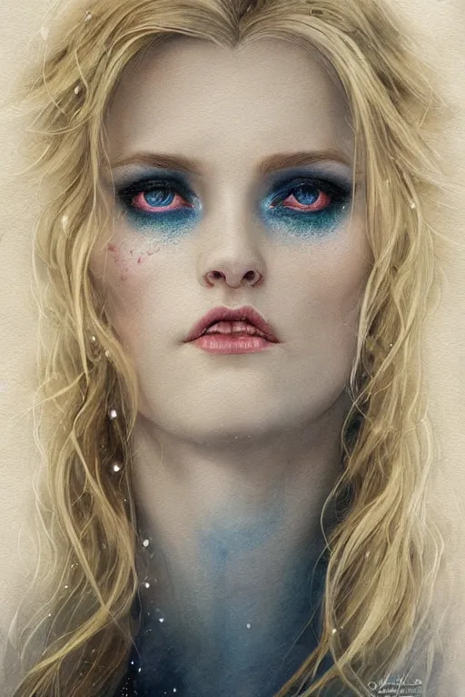 Prompt: Norse blonde goddess of glitter character portrait, lean face, cinematic lighting, hyper-detailed, cgsociety, blue eyes, 8k, high resolution, in the style of Charlie Bowater, Tom Bagshaw, alan lee, single face, symmetrical, headshot photograph, insanely detailed and intricate, beautiful, elegant, watercolor, cinematic, portrait, Raphaelite, headroom, artstation, Pierre-Auguste Renoir