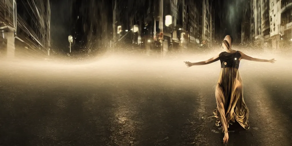 Image similar to slow motion with trail effect of futuristic break dancer wearing floating long dress, long exposure shot , at night in the middle of a rainy street, paddle of water, steam, fog, water splashes, rim lights, glossy reflections, water droplets on lens, octane render, dark and dramatic, explosion in the background, detailed and soft, fisheye