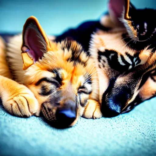 Image similar to detailed german shepherd sleeping in arms with a detailed kitten