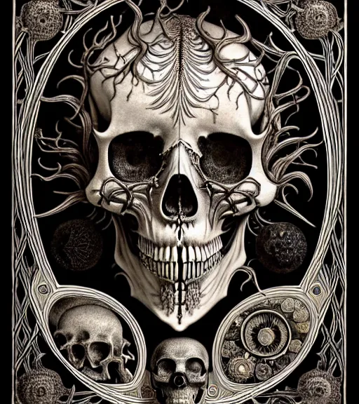 Image similar to art forms of nature by ernst haeckel, memento mori by arthur rackham, ornate antique porcelain beautiful skull mask, ultrasharp, photorealistic, hyperdetailed, octane render, polished, art nouveau, neo - gothic, gothic, intricate ornamental organic filigree, art nouveau botanicals, art forms of nature by ernst haeckel, horizontal symmetry, symbolist, visionary