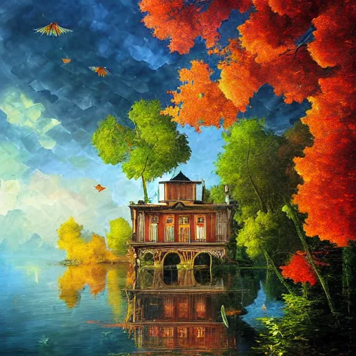 Image similar to lake photograph mansion digital art fantasy ornate depth of field nature photography by m. c. escher, leonid afremov, greg rutkowski, tim white, john howe, rob gonsalves, moebius, benoit mandelbrot