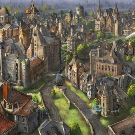 Image similar to elegant fantasy capital city, in the foreground sprawling houses and shops lining the crowded streets. in the background is a large stone castle with several tall spires. realistic, highly detailed painting concept art style