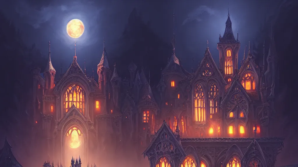 Image similar to foggy intricate gothic castle under the full moon, epic, intricate oil painting, high detail illustration, sharp high detail, manga and anime, official fanart behance hd artstation by jesper ejsing and makoto shinkai, 4 k,