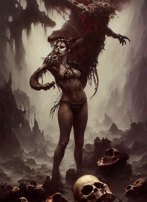 Image similar to shackled in styx river of the underworld, frank frank frazetta and cgsociety, stunning sasquatch, blood splatters, charlie bowater and tom bagshaw, insanely detailed, deviantart, space art, atoms surrounded by skulls, death, and spirits flying, water fall, horror, sci - fi, surrealist painting, by peter mohrbacher