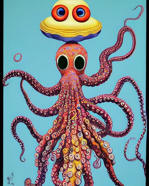 Image similar to Octopus goddess, a painting of a weird creature with a weird hat, a surrealist painting by Yoko d'Holbachie, by Takashi Murakami, by Taro Okamoto, trending on deviantart, pop surrealism, lowbrow, lovecraftian, whimsical