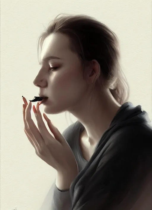 Image similar to portrait of finnish woman vanishhing slowly as an smoke to the air, realistic smoke, elegant, highly detailed, digital illustration, trending in artstation, trending in pinterest, glamor pose, concept art, smooth, sharp focus, art by artgerm and greg rutkowski