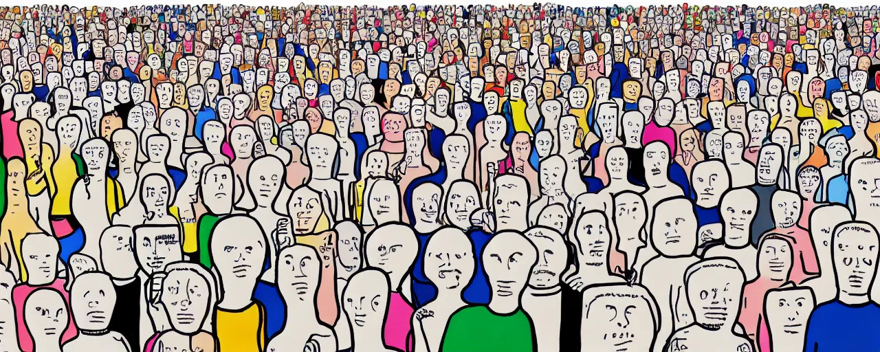 Image similar to a doodle of a crowd of very ordinary protestors with signs, front angle, by david shrigley, illustration, pen and ink, flat color, colorful drawing, facing front, anatomically correct, beautiful perfect face, sharp focus, highly detailed, cinematic lighting, 8 k, hd