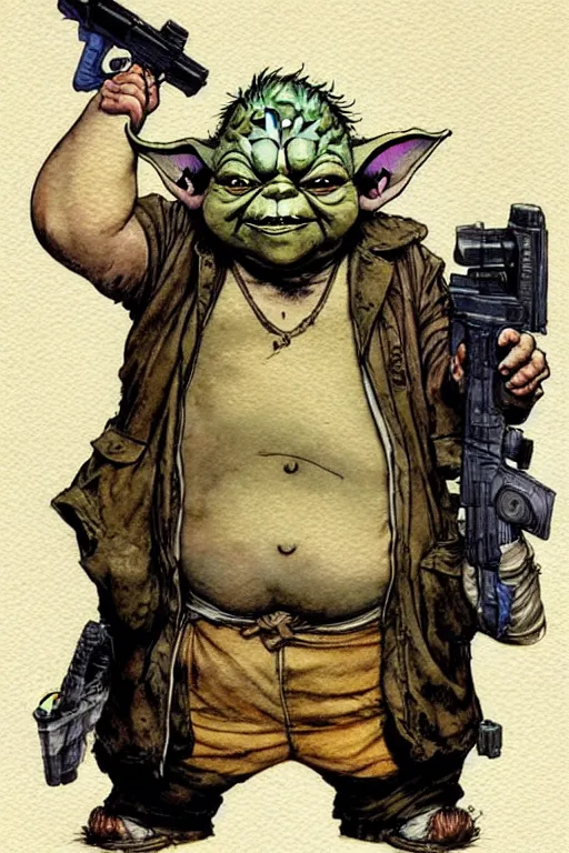 Image similar to a realistic and atmospheric watercolour fantasy character concept art portrait of a fat sleazy homeless chibi yoda wearing a wife beater and holding a handgun, by rebecca guay, michael kaluta, charles vess and jean moebius giraud