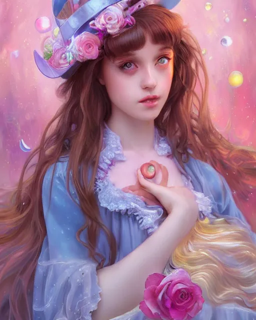 Image similar to portrait of magical lolita girl, dreamy and ethereal, expressive pose, big blue eyes, exciting expression, fantasy, intricate, elegant, many rainbow bubbles, rose tones, highly detailed, digital painting, artstation, concept art, cyberpunk wearing, smooth, sharp focus, illustration, art by artgerm and greg rutkowskiand alphonse mucha