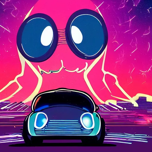 Image similar to a tardigrade driving a car, miami, nighttime, synthwave, detailed,