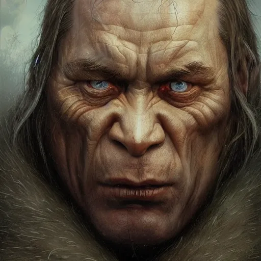 Prompt: vladimir putin, lord of the rings orcs leader, macabre by donato giancola and greg rutkowski and wayne barlow and zdzisław beksinski, realistic face, digital art