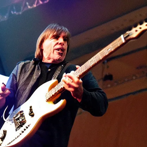 Image similar to dr brian cox thrashing his electric guitar on stage