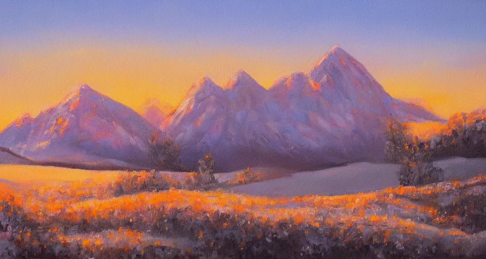 Prompt: landscape painting of snowy mountains at sunset, beautiful painting, oil on canvas, golden hour, by Ewa Czarniecka, award winning masterpiece,