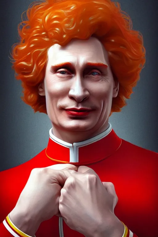 Image similar to vladimir putin as ronald mcdonald, 2 d portrait, symmetrical, highly detailed, digital painting, artstation, concept art, smooth, sharp focus, illustration, cinematic lighting, art by artgerm and greg rutkowski and alphonse mucha